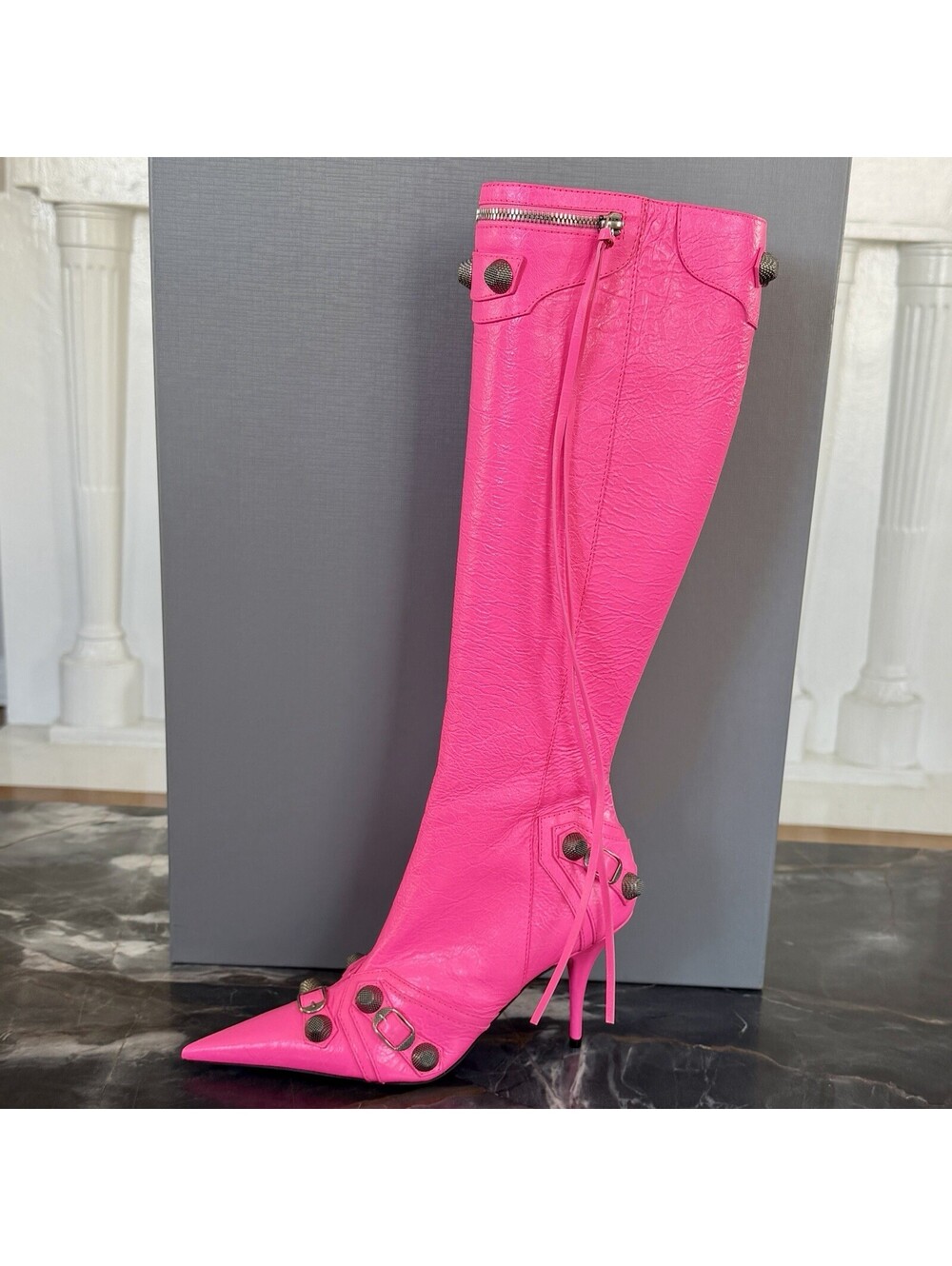 NIB $2,600 Balenciaga Le Cagole Leather Designer Boot Neon Pink knee 35 694395